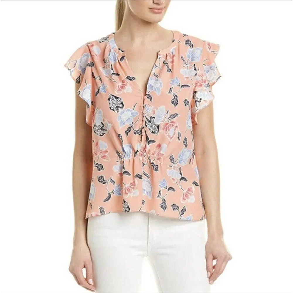 Joie Women’s Crisbell Persimmons Floral Print Flutter Sleeve Blouse NWT Small - Picture 2 of 7